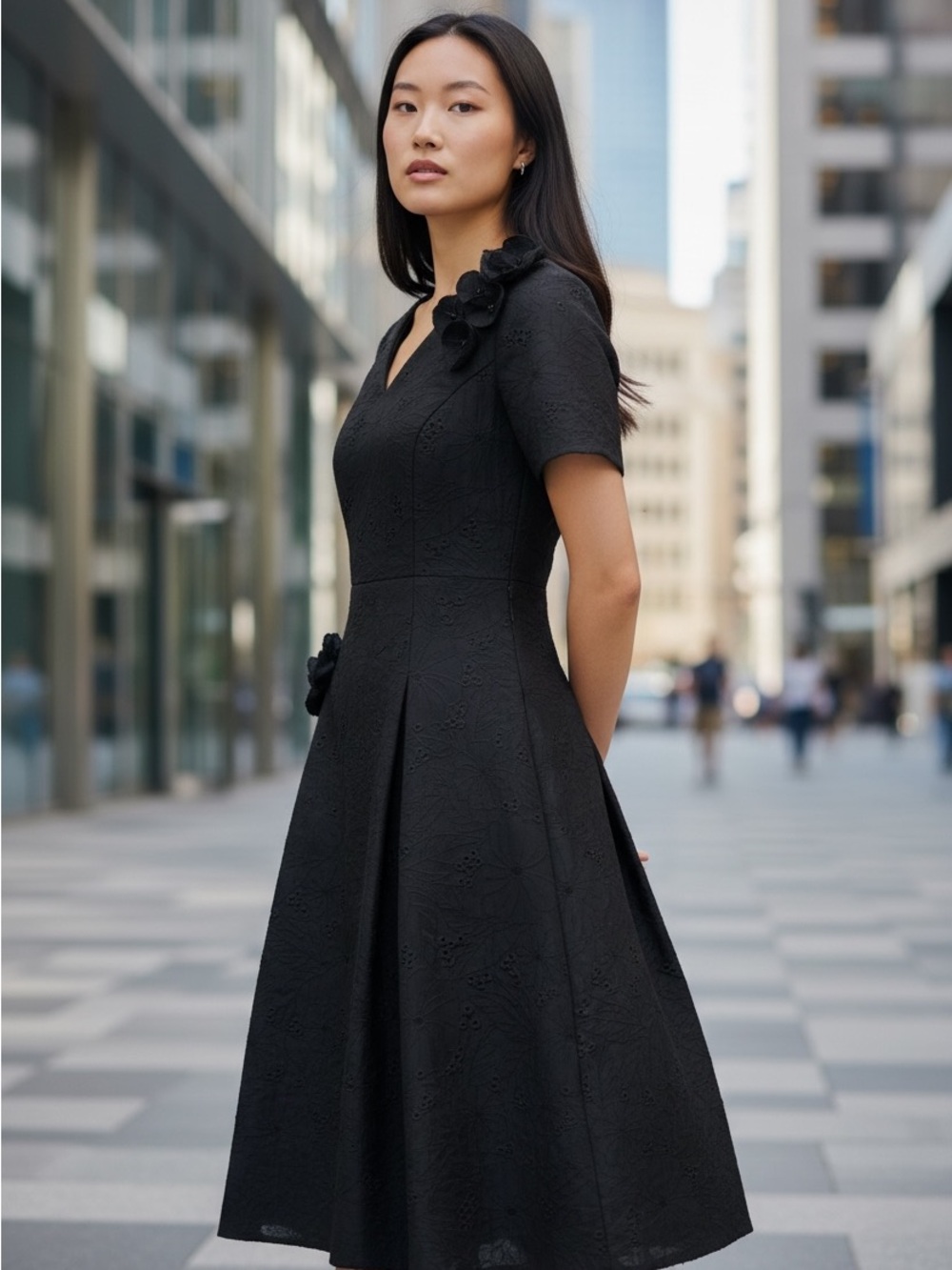 Teri Jon Black Floral Eyelet A-Line Midi Dress with Rosette Details